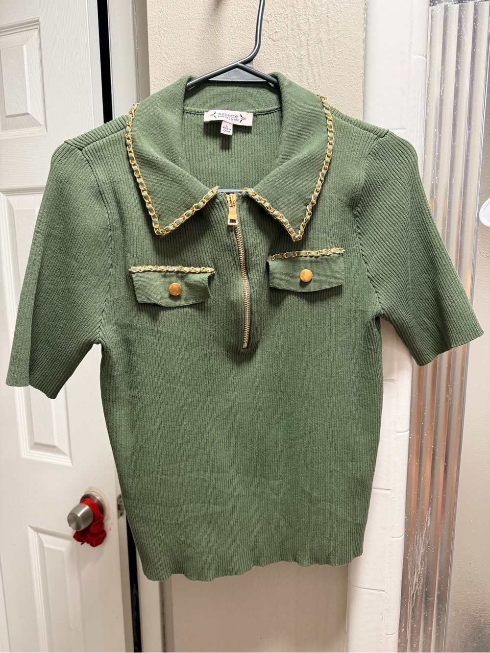 Nanette Lepore Olive Green Knit Polo Sweater with Gold Trim